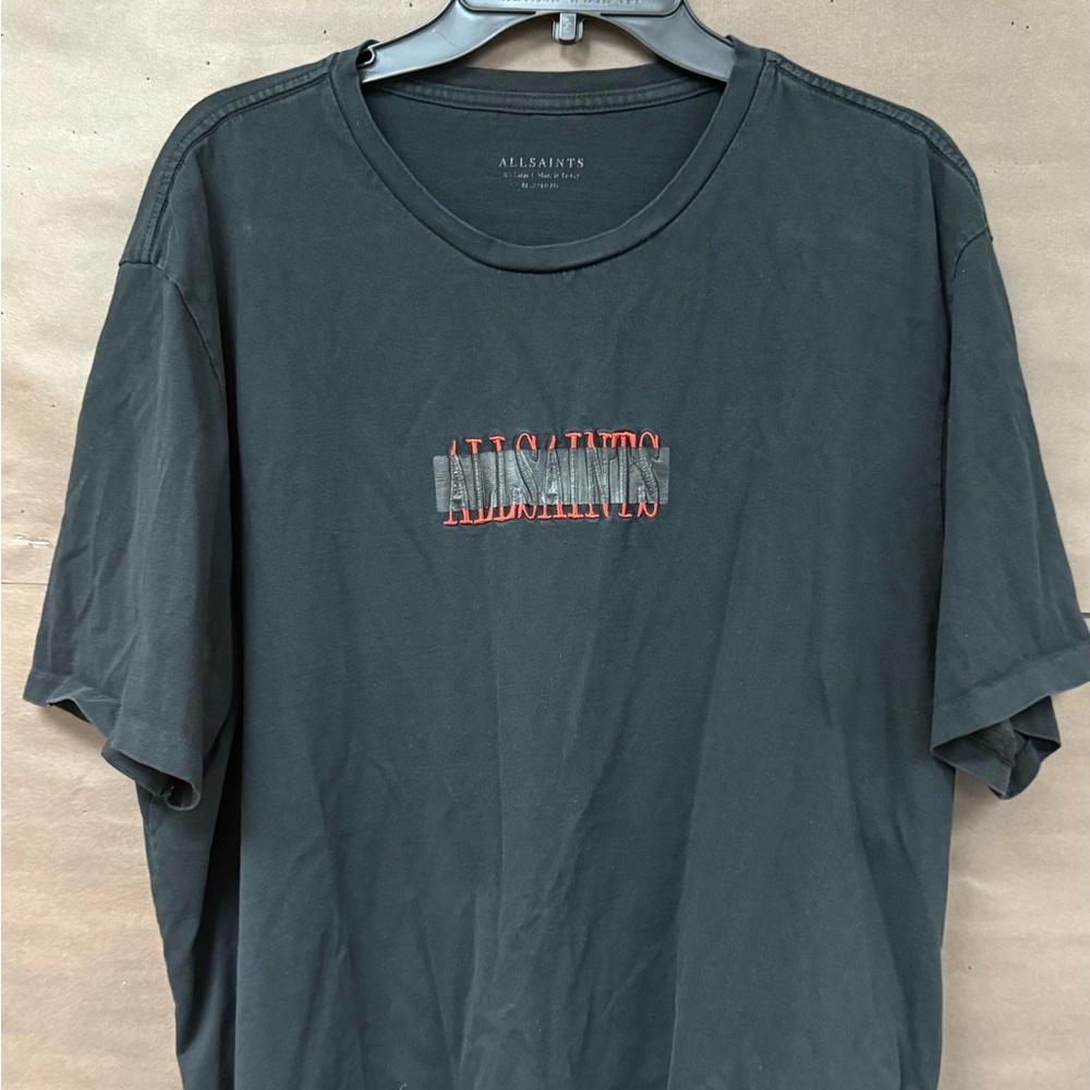 All Saints Men's Charcoal Tee with Red Logo